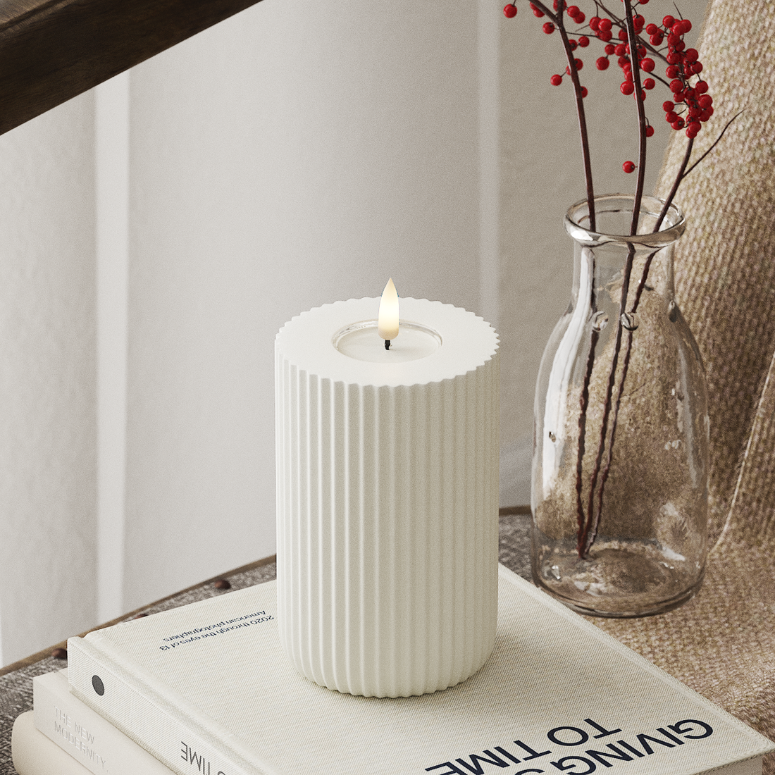 Deluxe Homeart Solid Stripe LED Bloklys Ø 8 X 12,5 Cm Hvid LED Shape 4